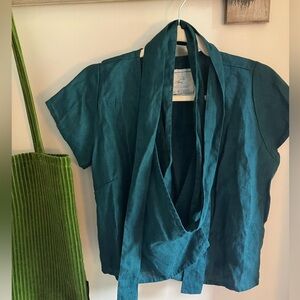 NWOT notPerfectLinen Madrid Wrap Top Linen Blouse Cap Sleeve M Emerald Green